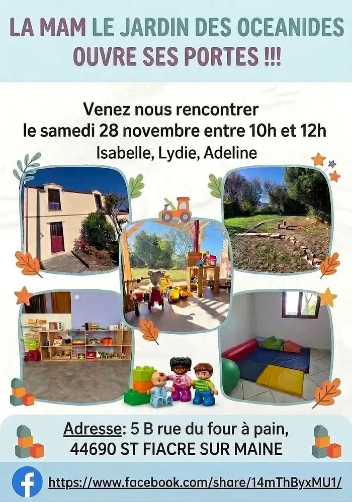 Affiche : la MAM Le jardin des Océanides ouvre ses portes. Venez nous rencontrer le samedi 28 novembre entre 10h et 12h, avec Isabelle, Lydie et Adeline. Adresse : 5 B rue du four à pain, 44690 Saint-Fiacre-sur-Maine.